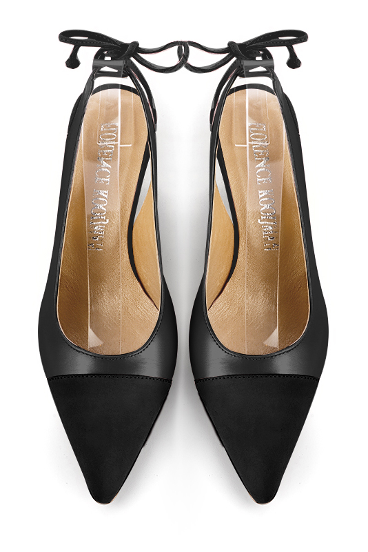 Matt black women's slingback shoes. Pointed toe. Medium spool heels. Top view - Florence KOOIJMAN